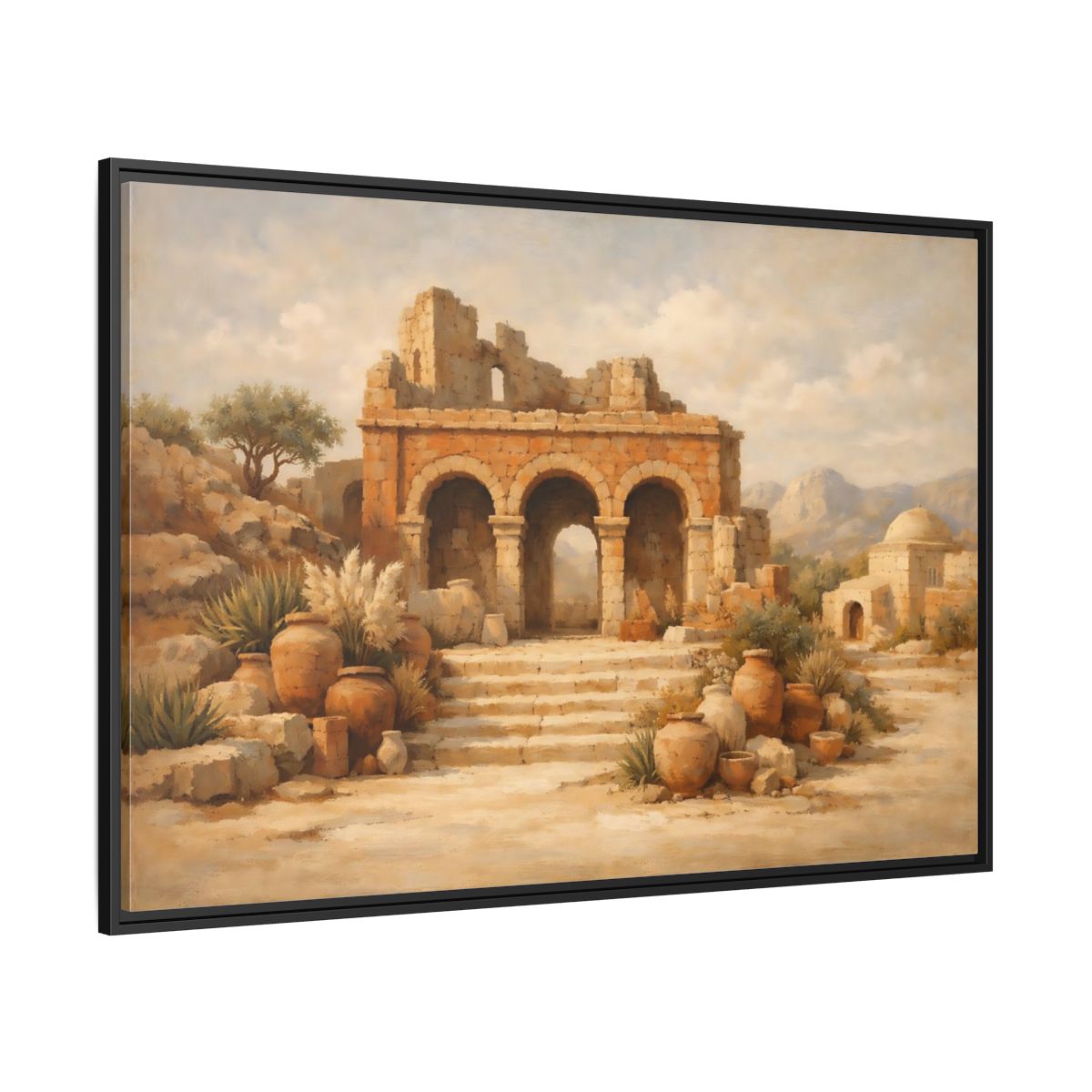 Side Mockup 12. Vintage Ancient Ruins Brown And Beige shown as stretched canvas wall art