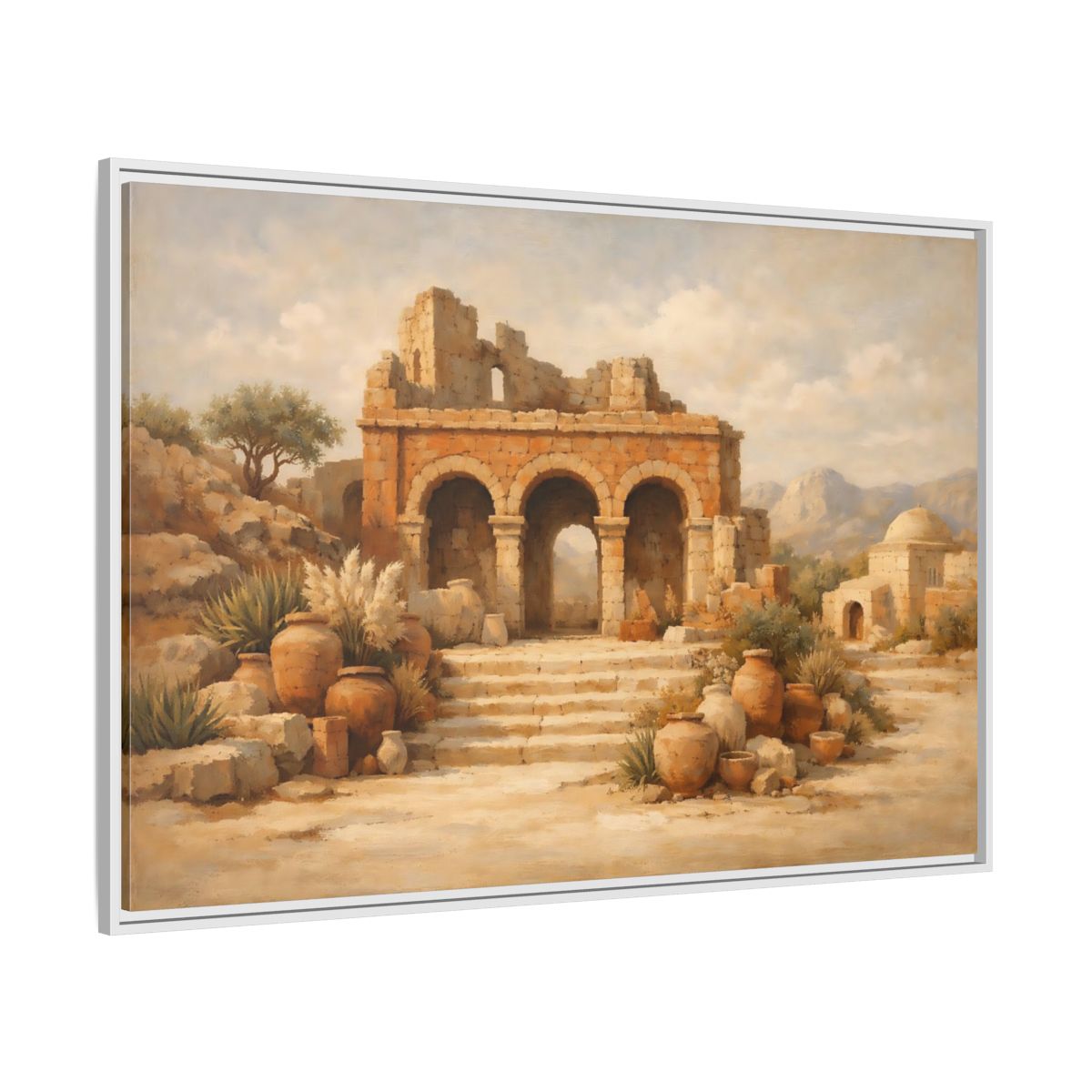 Side Mockup 7. Vintage Ancient Ruins Brown And Beige shown as stretched canvas wall art