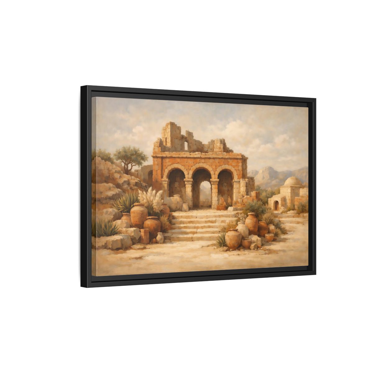 Side Mockup 3. Vintage Ancient Ruins Brown And Beige shown as stretched canvas wall art