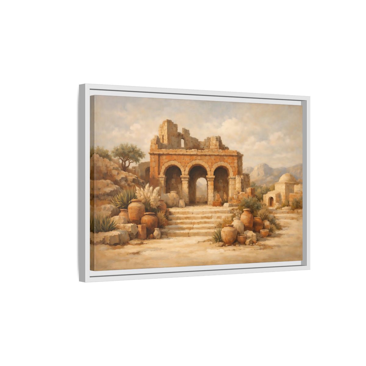Side Mockup 1. Vintage Ancient Ruins Brown And Beige shown as stretched canvas wall art
