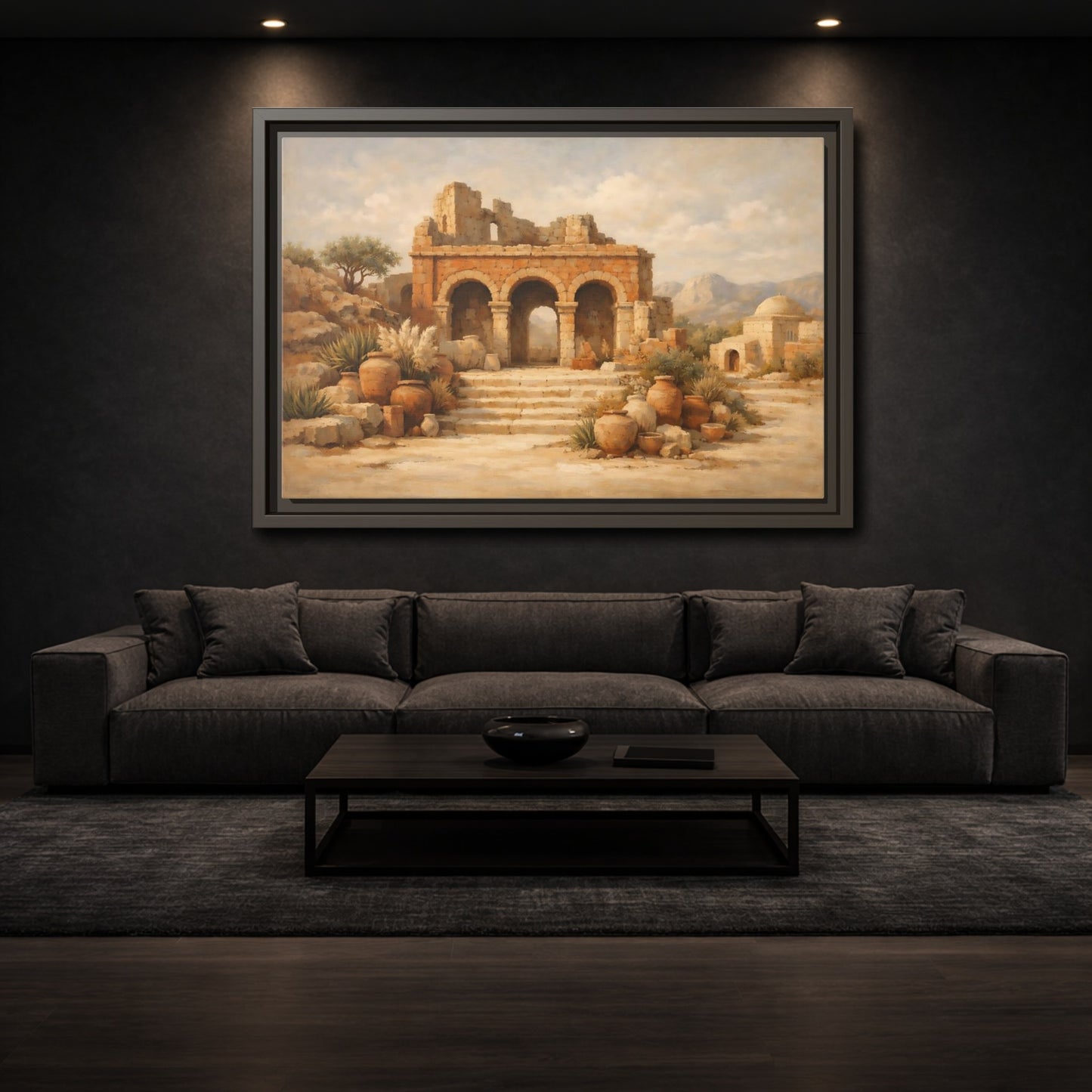 Mockup 2. Vintage Ancient Ruins Brown And Beige shown as stretched canvas wall art