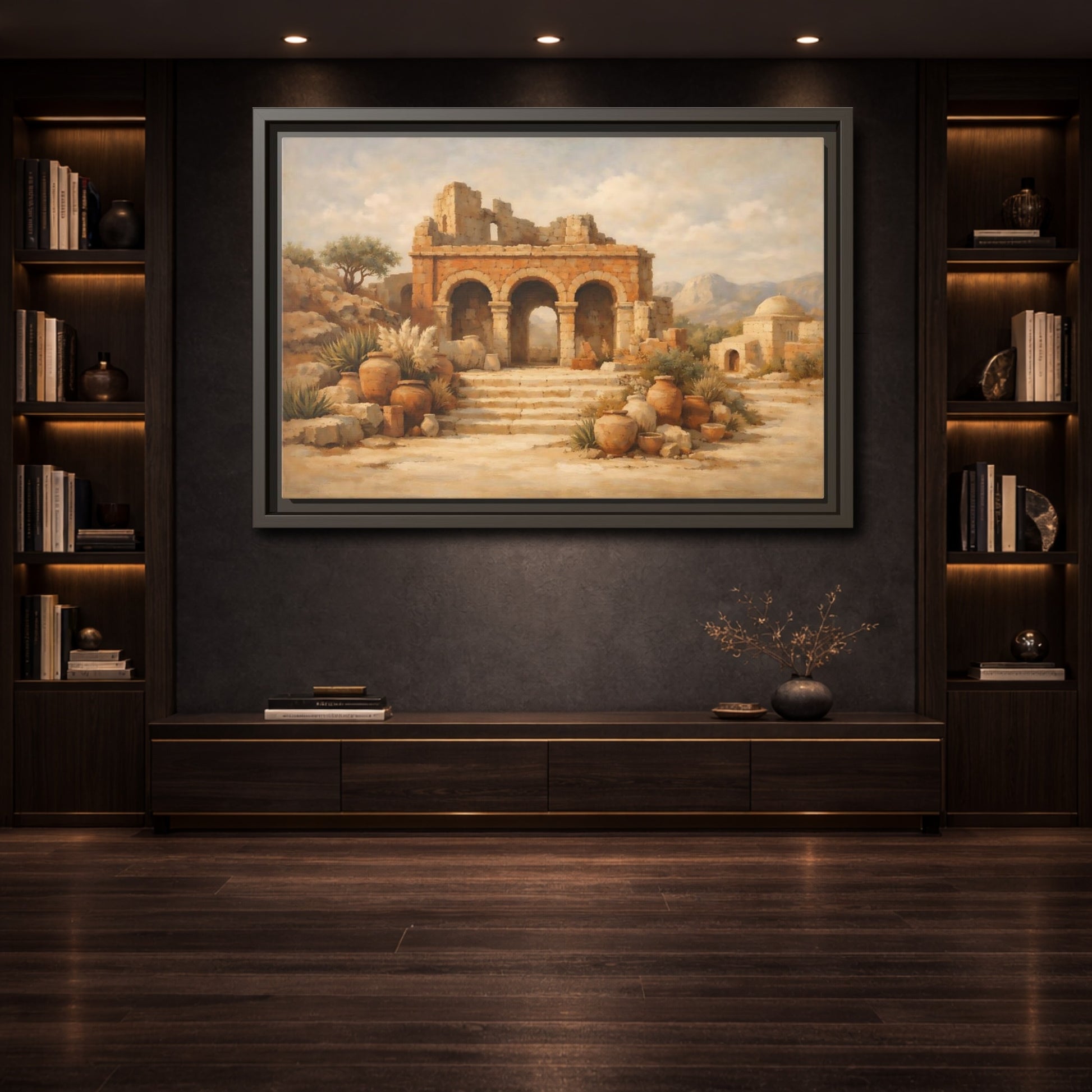 Mockup 3. Vintage Ancient Ruins Brown And Beige shown as stretched canvas wall art