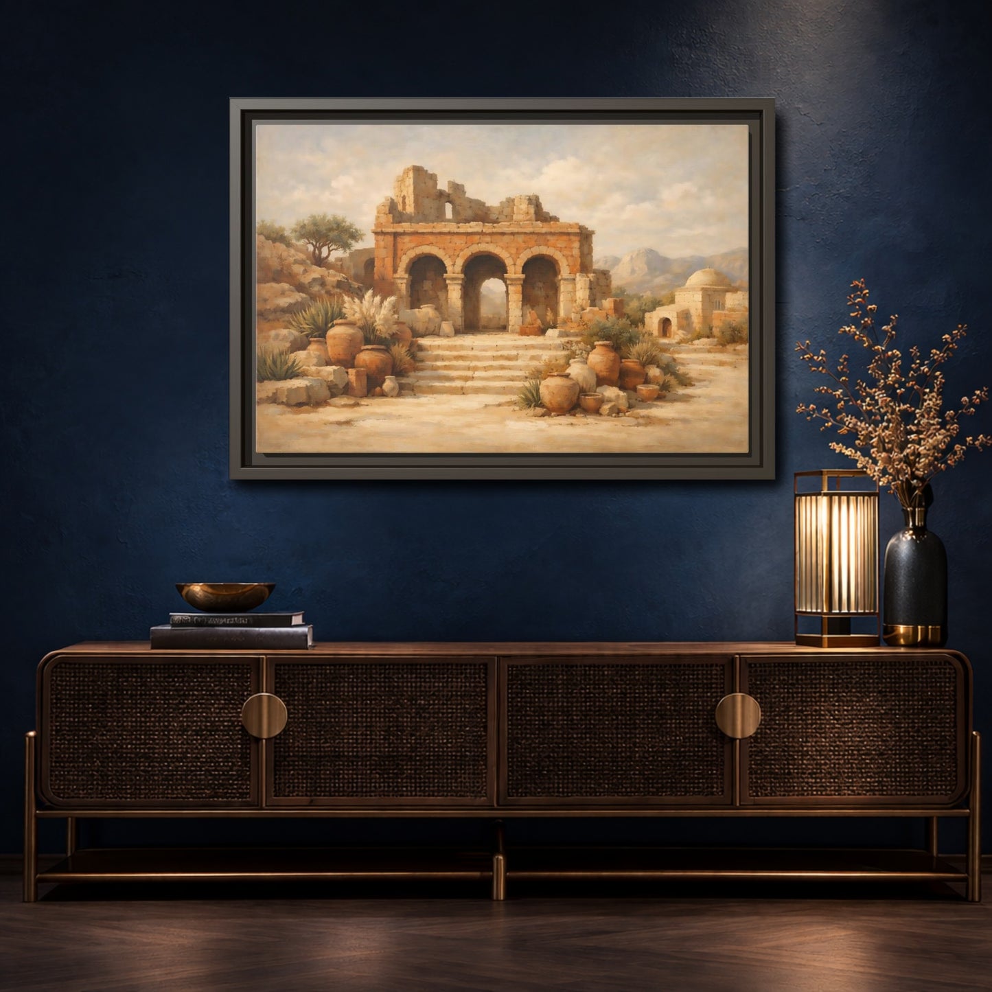 Mockup 4. Vintage Ancient Ruins Brown And Beige shown as stretched canvas wall art