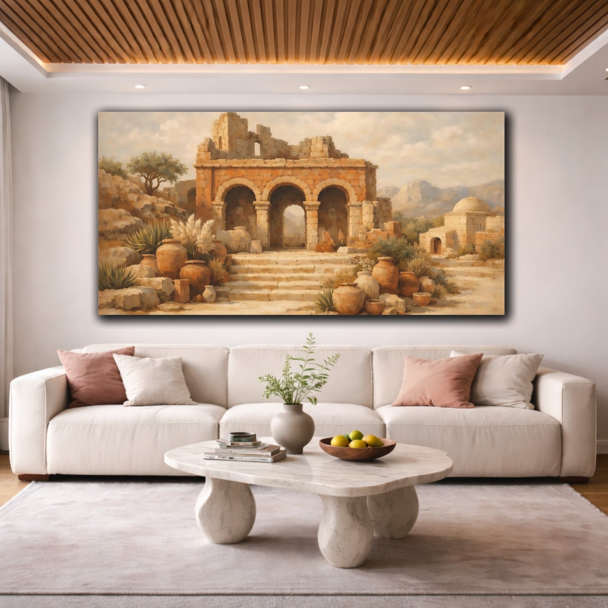 Mockup 3. Vintage Ancient Ruins Brown And Tan Ruins shown as stretched canvas wall art