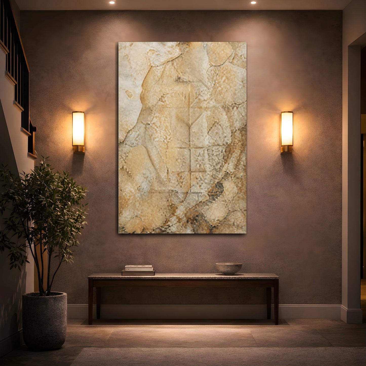 Mockup 2. Vintage Ancient Symbol Brown And Beige shown as stretched canvas wall art