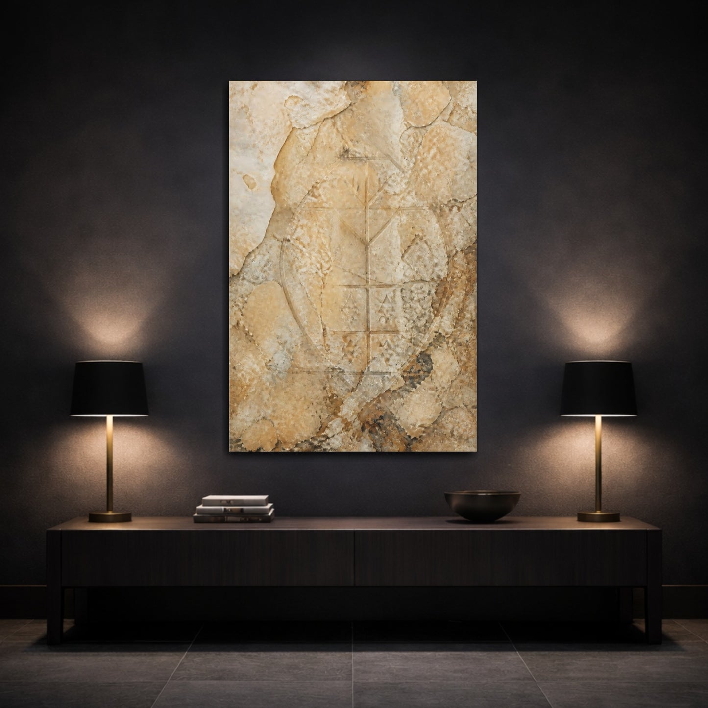 Mockup 3. Vintage Ancient Symbol Brown And Beige shown as stretched canvas wall art