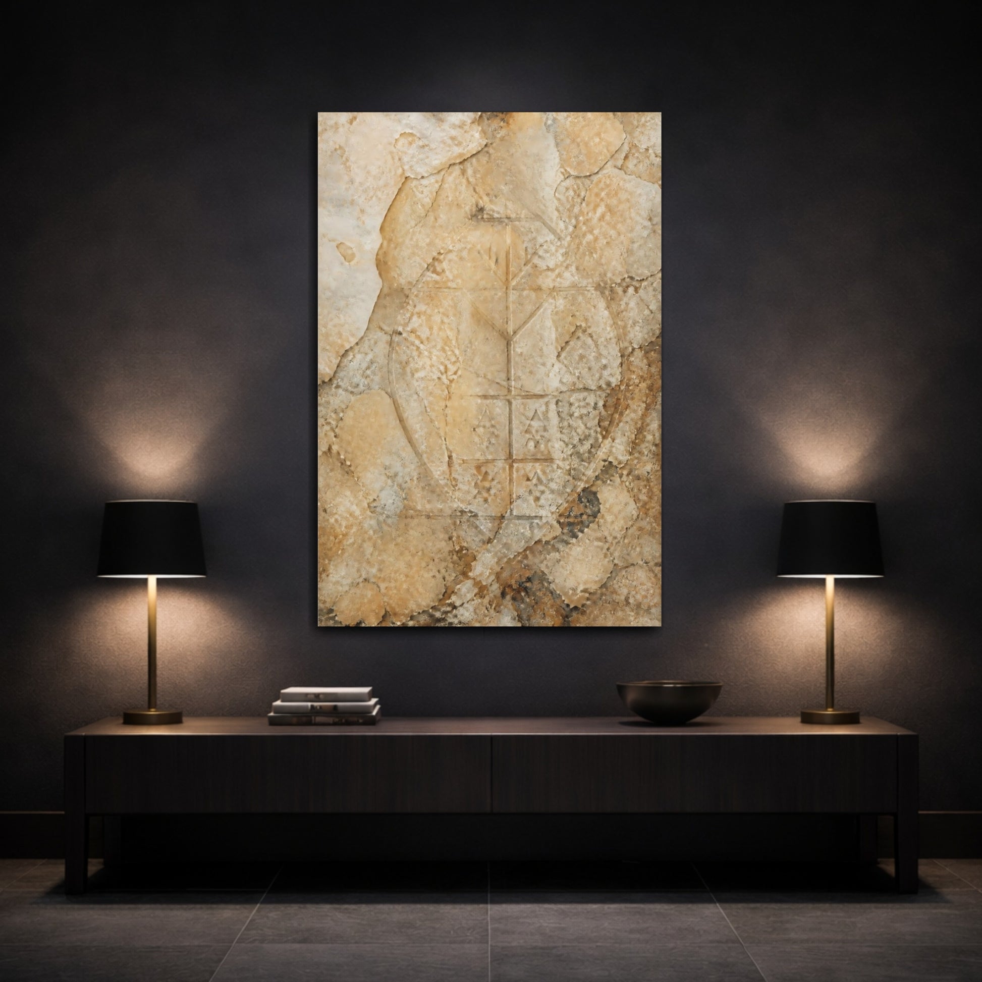 Mockup 3. Vintage Ancient Symbol Brown And Beige shown as stretched canvas wall art