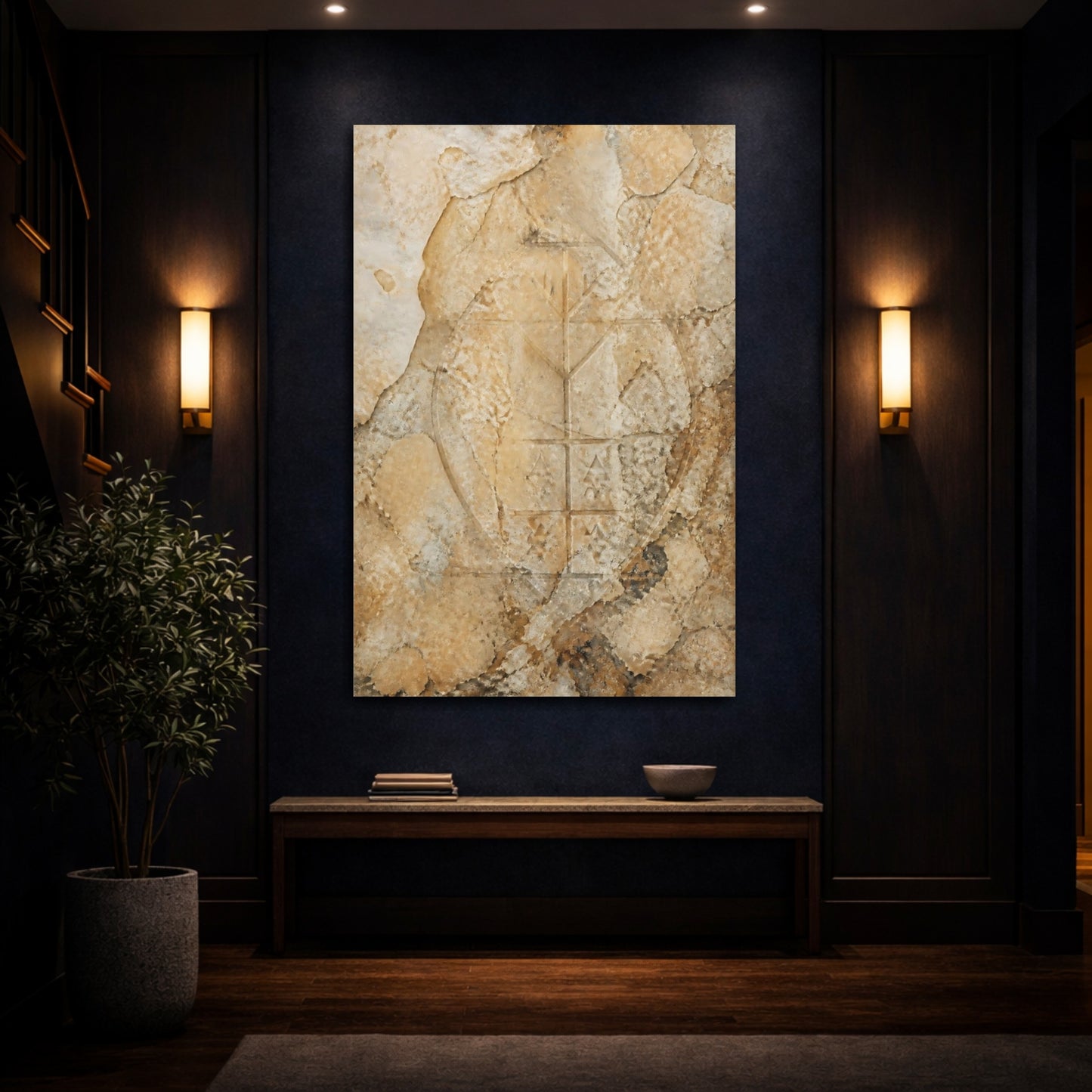 Mockup 4. Vintage Ancient Symbol Brown And Beige shown as stretched canvas wall art