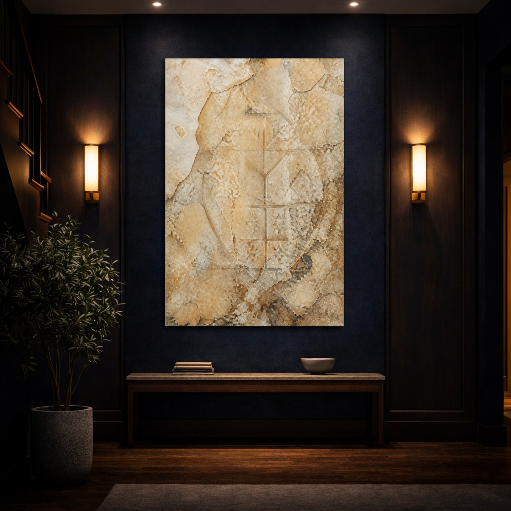 Mockup 4. Vintage Ancient Symbol Brown And Beige shown as stretched canvas wall art