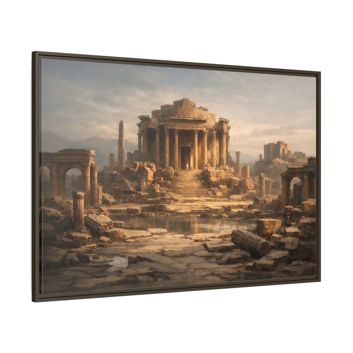 Main Mockup. Vintage Ancient Temple Brown And Grey shown as stretched canvas wall art