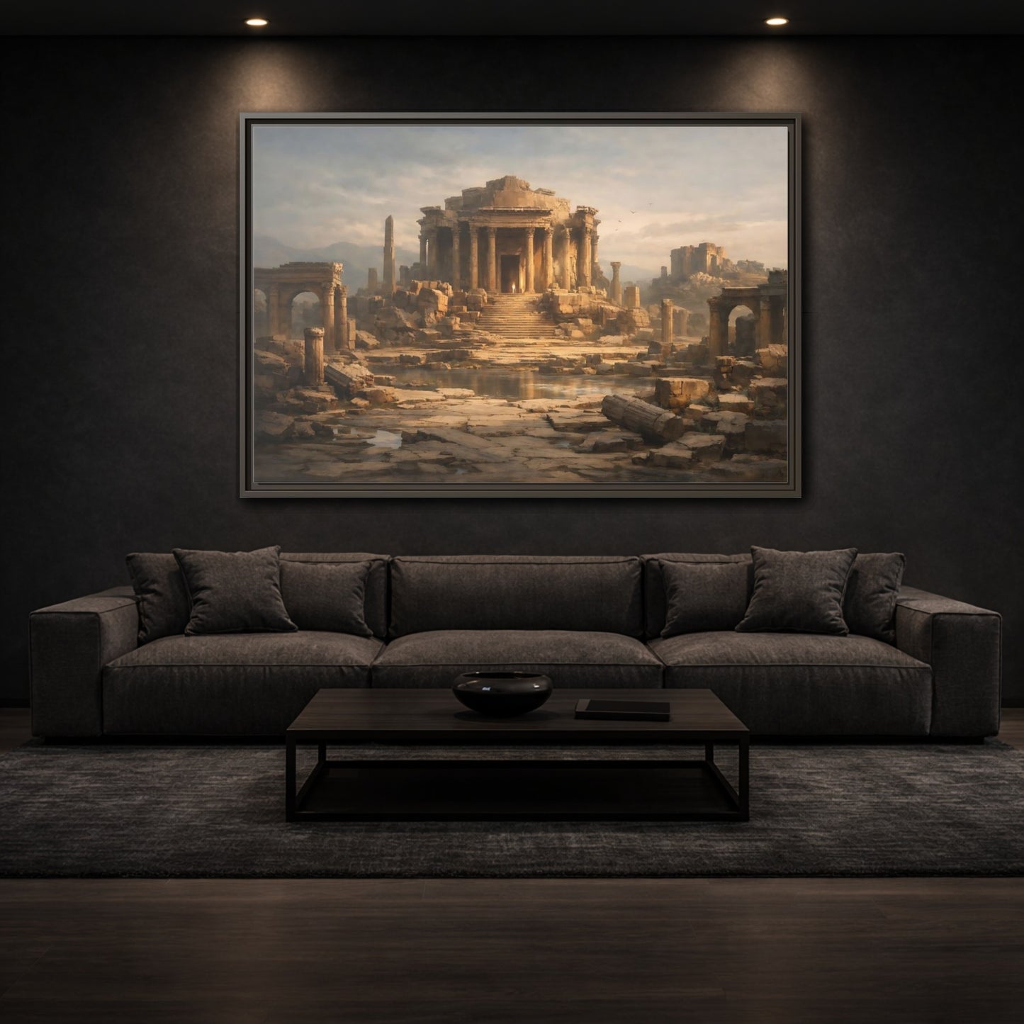 Mockup 2. Vintage Ancient Temple Brown And Grey shown as stretched canvas wall art