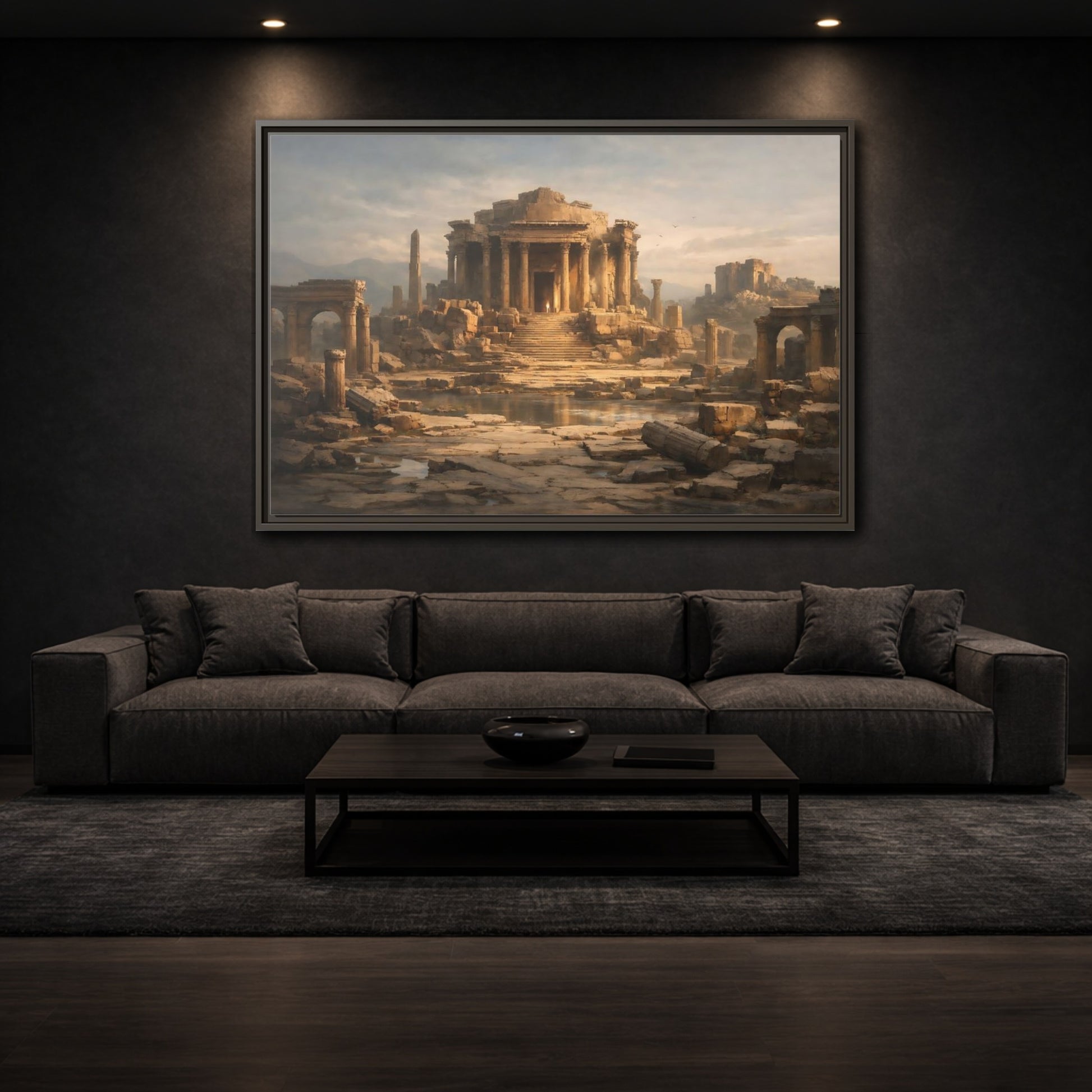 Mockup 2. Vintage Ancient Temple Brown And Grey shown as stretched canvas wall art