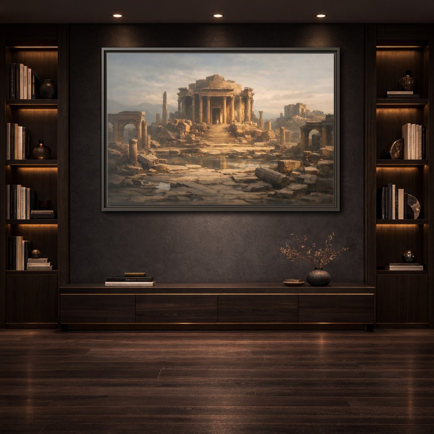 Mockup 3. Vintage Ancient Temple Brown And Grey shown as stretched canvas wall art
