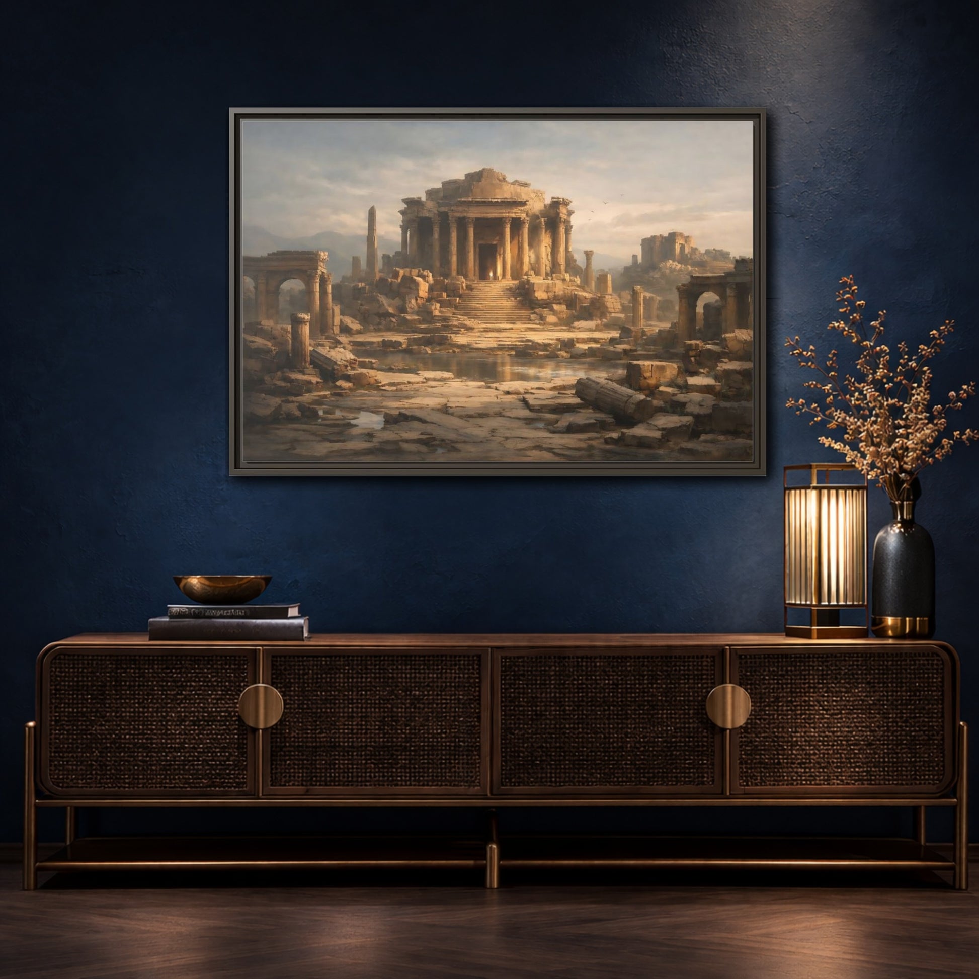 Mockup 4. Vintage Ancient Temple Brown And Grey shown as stretched canvas wall art
