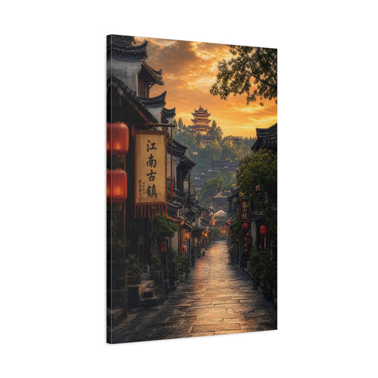 Main Mockup. Vintage Ancient Town Orange Sunset shown as stretched canvas wall art
