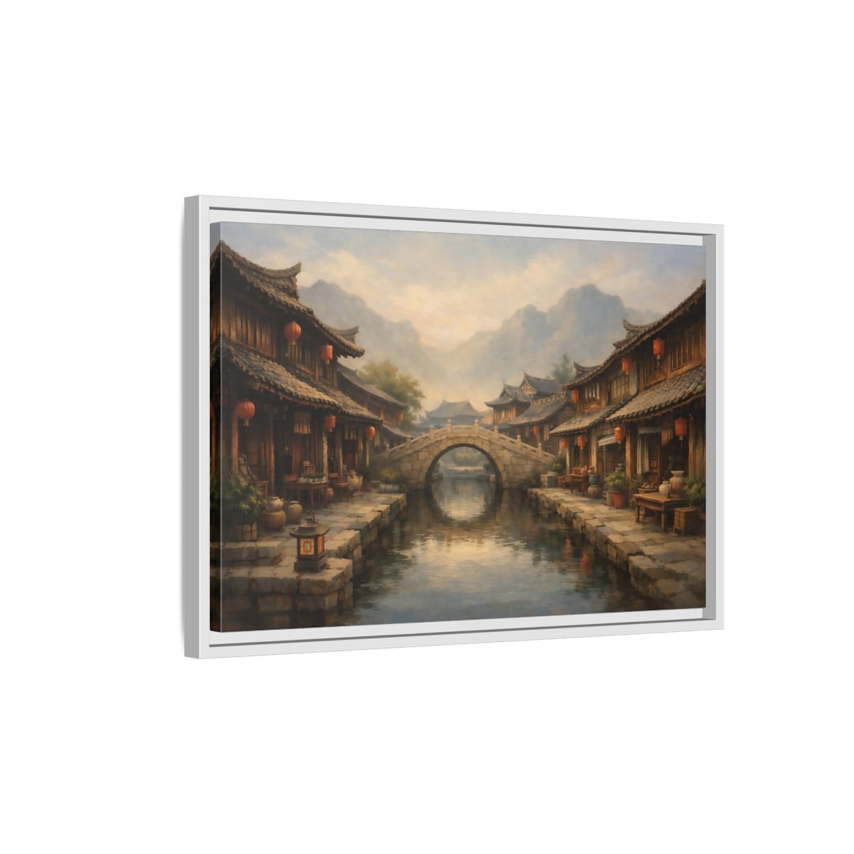 Side Mockup 1. Vintage Ancient Village Asian Village Landscape shown as stretched canvas wall art