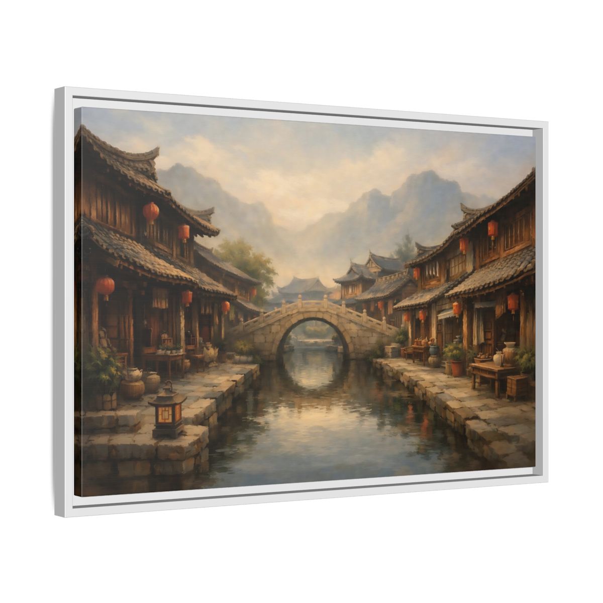 Side Mockup 10. Vintage Ancient Village Asian Village Landscape shown as stretched canvas wall art