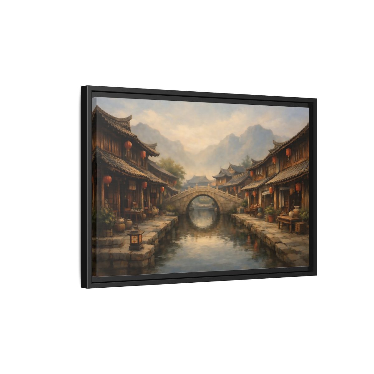 Side Mockup 3. Vintage Ancient Village Asian Village Landscape shown as stretched canvas wall art
