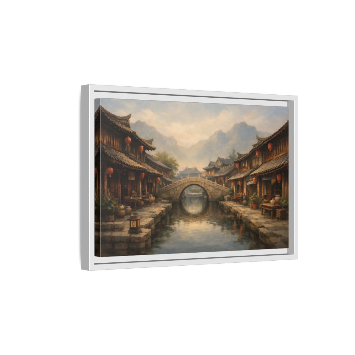Side Mockup 4. Vintage Ancient Village Asian Village Landscape shown as stretched canvas wall art