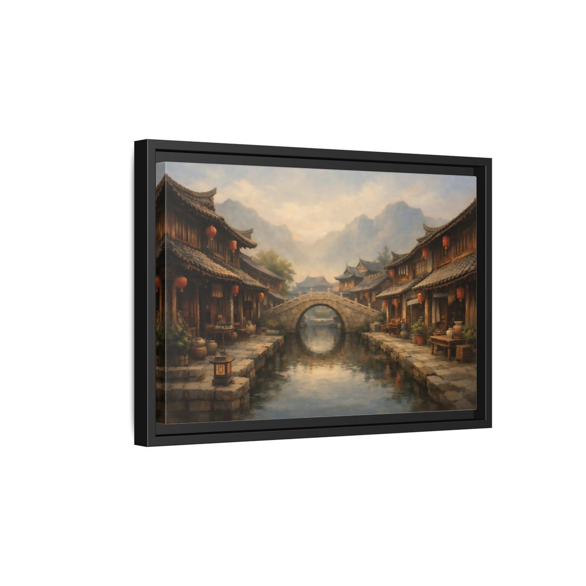 Side Mockup 6. Vintage Ancient Village Asian Village Landscape shown as stretched canvas wall art