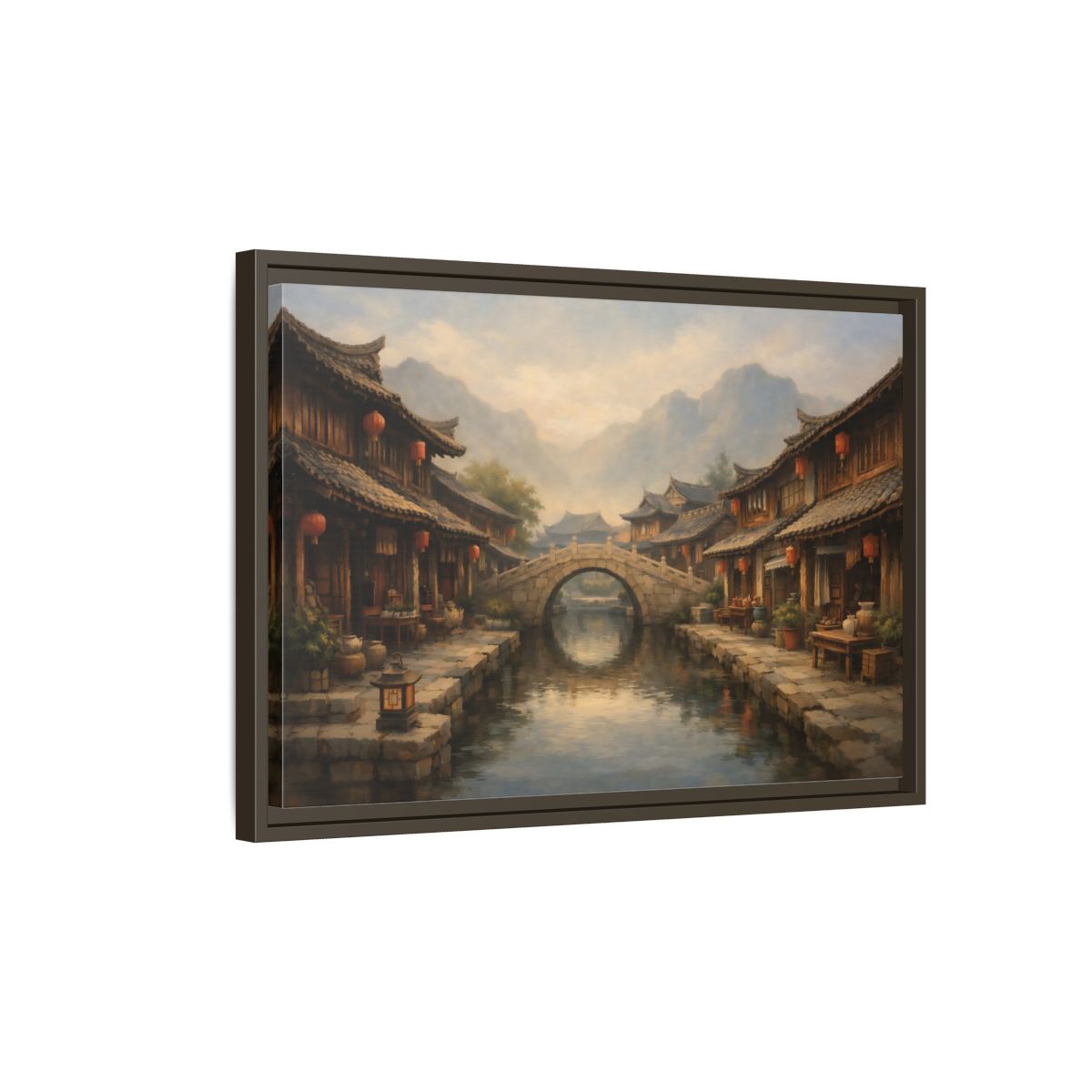 Side Mockup 2. Vintage Ancient Village Asian Village Landscape shown as stretched canvas wall art