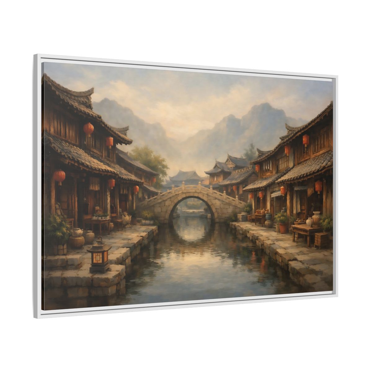 Side Mockup 7. Vintage Ancient Village Asian Village Landscape shown as stretched canvas wall art
