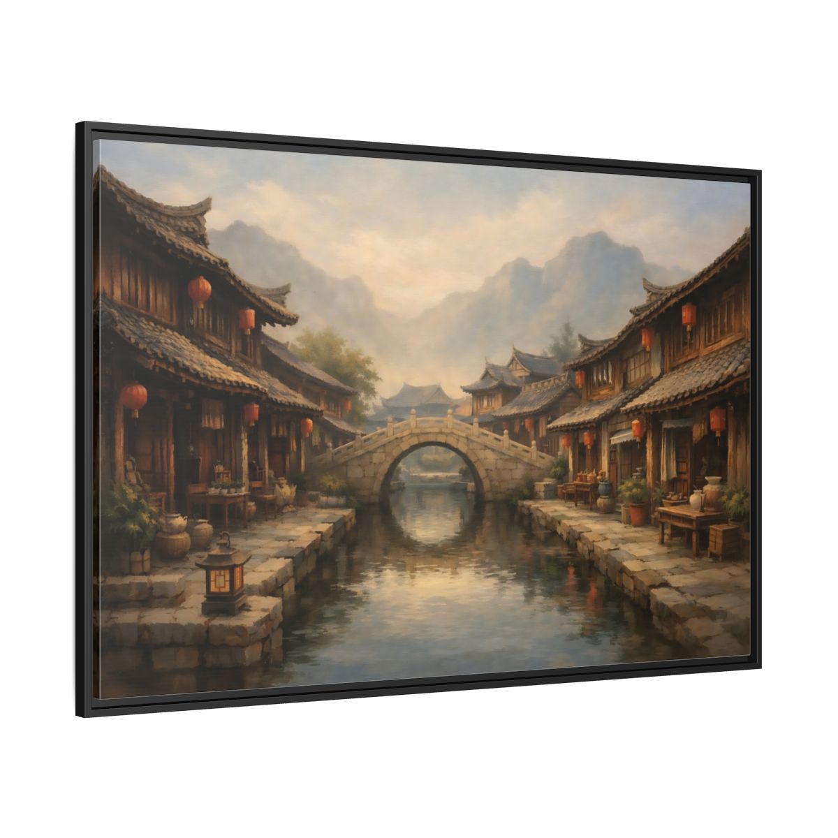 Side Mockup 12. Vintage Ancient Village Asian Village Landscape shown as stretched canvas wall art