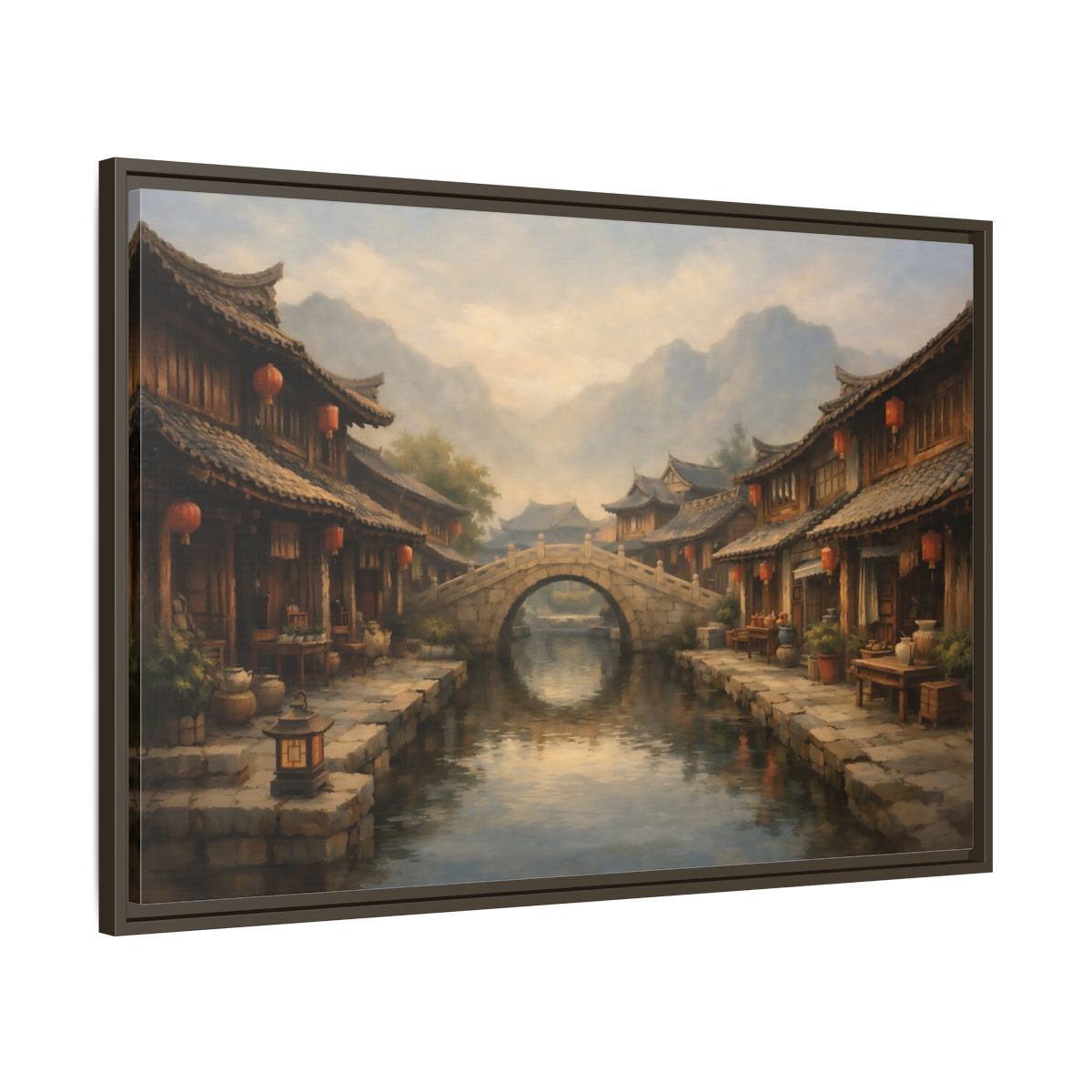Side Mockup 9. Vintage Ancient Village Asian Village Landscape shown as stretched canvas wall art
