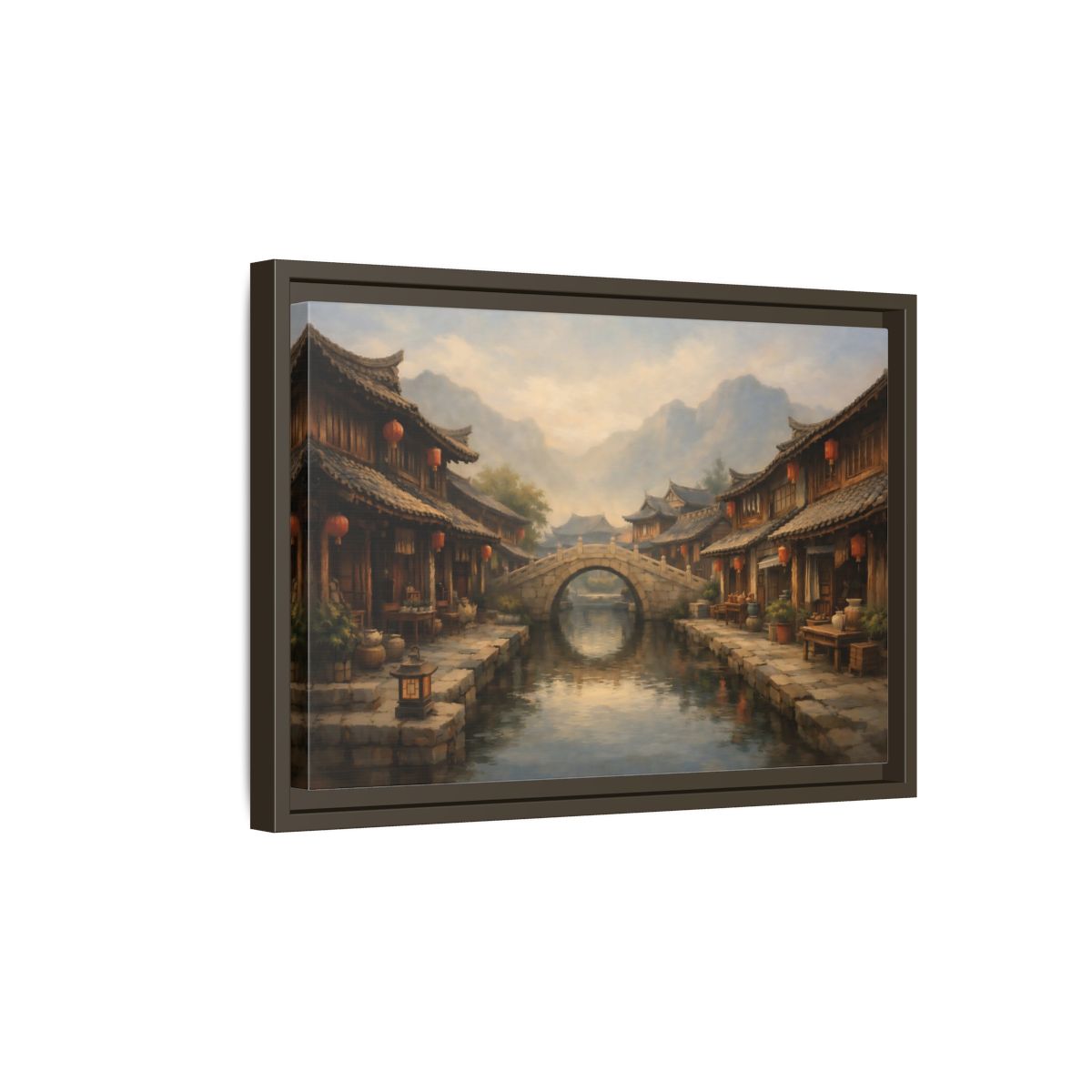 Side Mockup 5. Vintage Ancient Village Asian Village Landscape shown as stretched canvas wall art