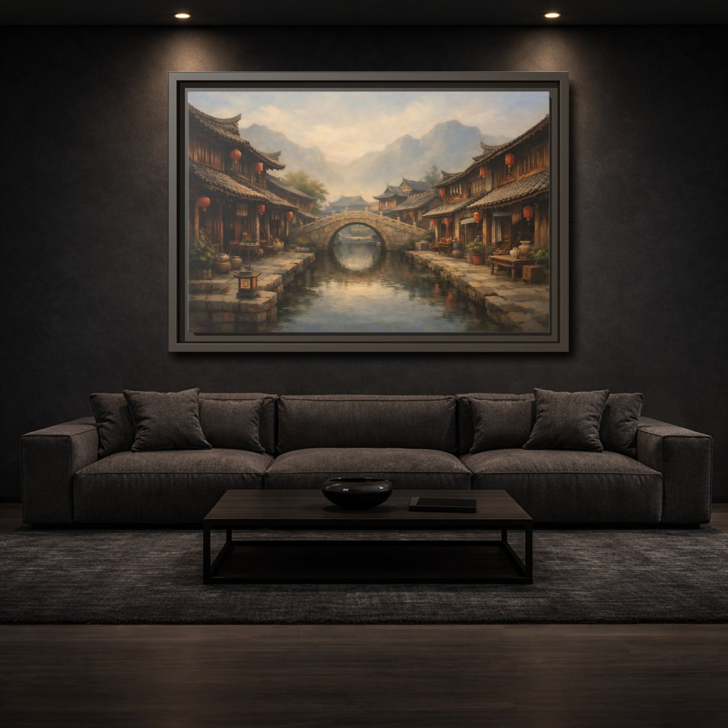 Mockup 2. Vintage Ancient Village Asian Village Landscape shown as stretched canvas wall art