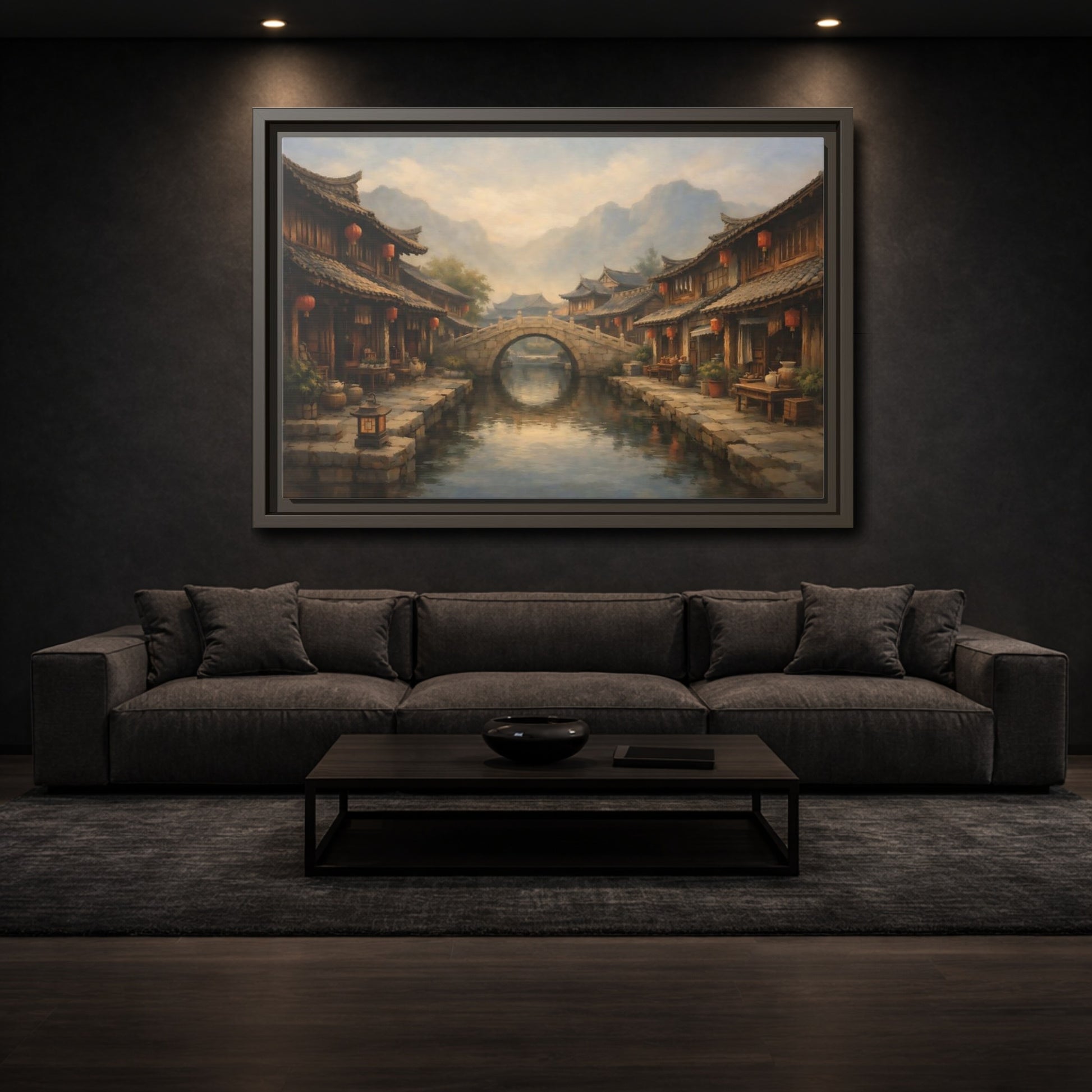Mockup 2. Vintage Ancient Village Asian Village Landscape shown as stretched canvas wall art