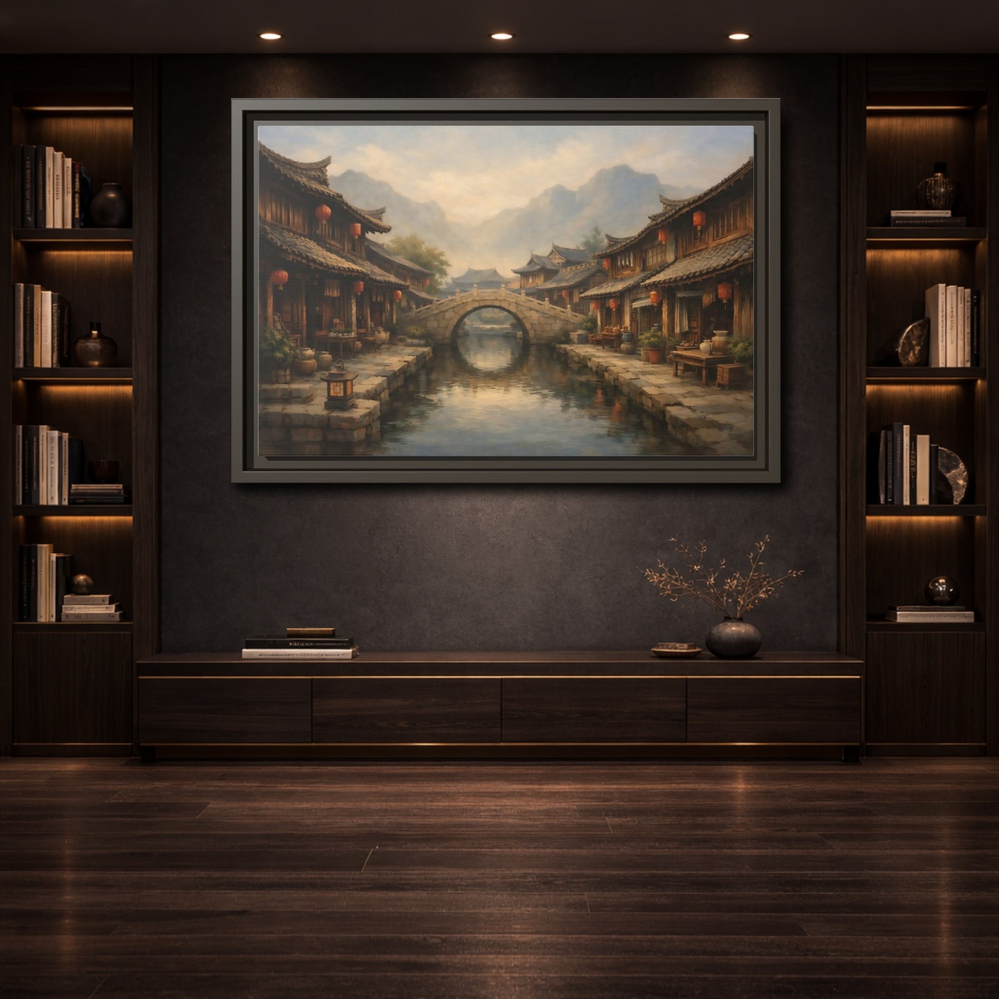 Mockup 3. Vintage Ancient Village Asian Village Landscape shown as stretched canvas wall art