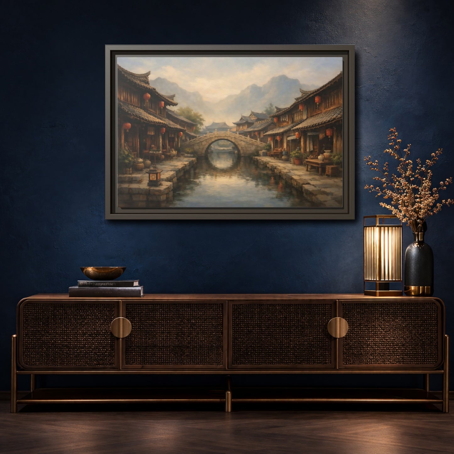 Mockup 4. Vintage Ancient Village Asian Village Landscape shown as stretched canvas wall art