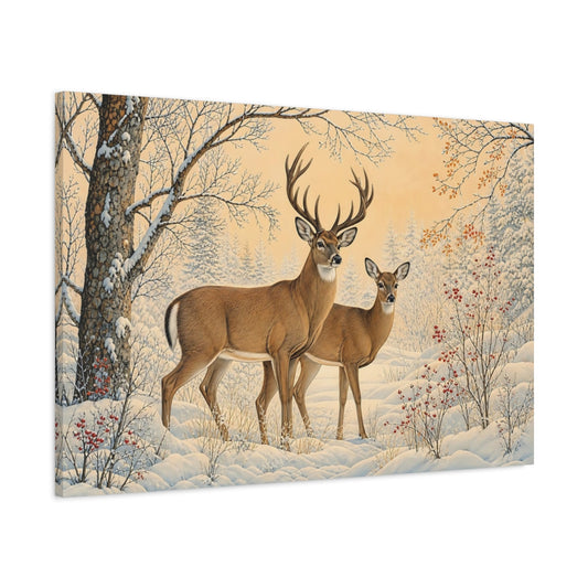 Main Mockup. Vintage Animal Illustration Deer Pair Beneath Winter Trees shown as stretched canvas wall art