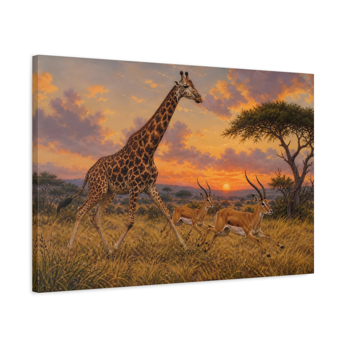 Side Mockup 2. Vintage Animal Illustration Giraffe And Antelope In Evening Grass shown as stretched canvas wall art