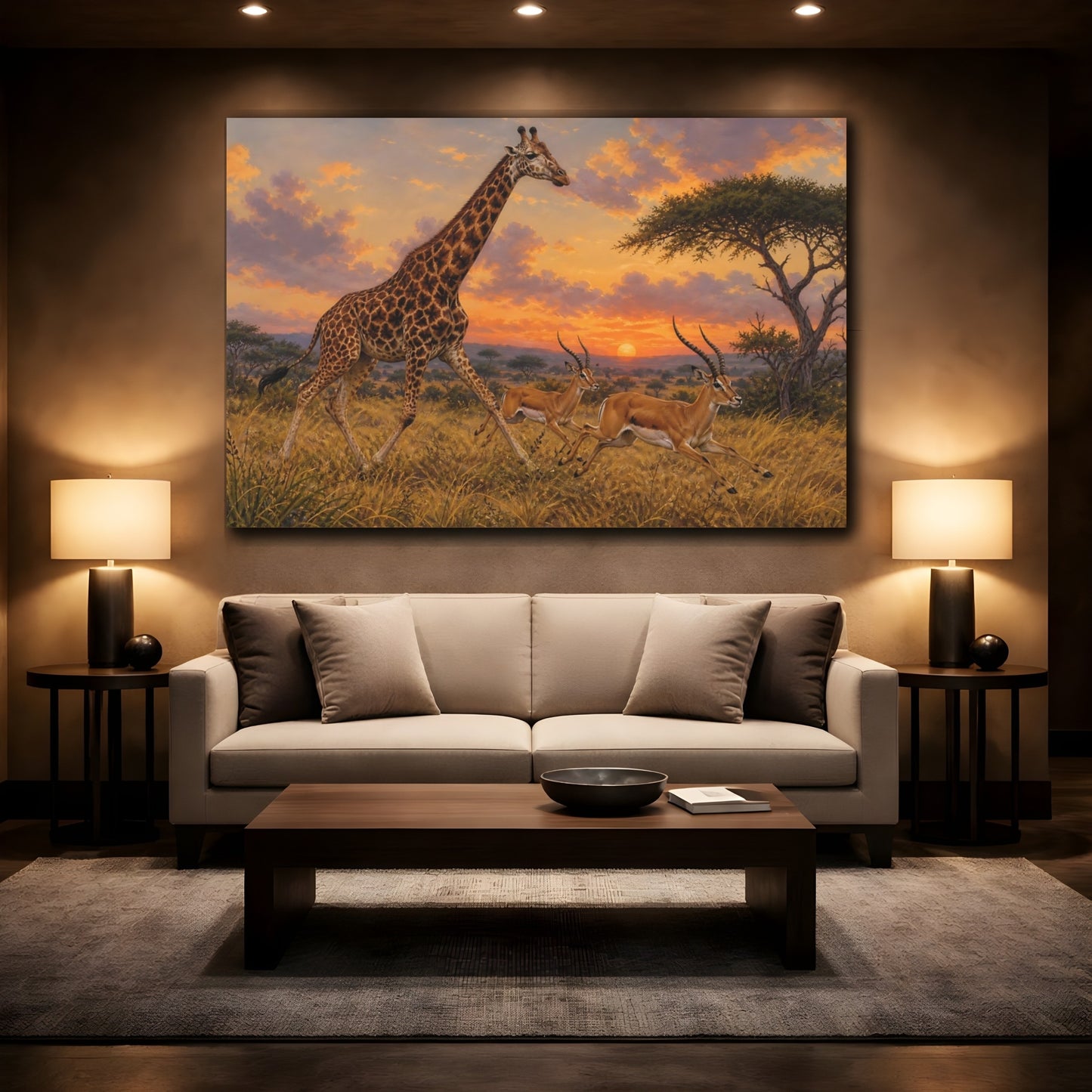 Mockup 2. Vintage Animal Illustration Giraffe And Antelope In Evening Grass shown as stretched canvas wall art
