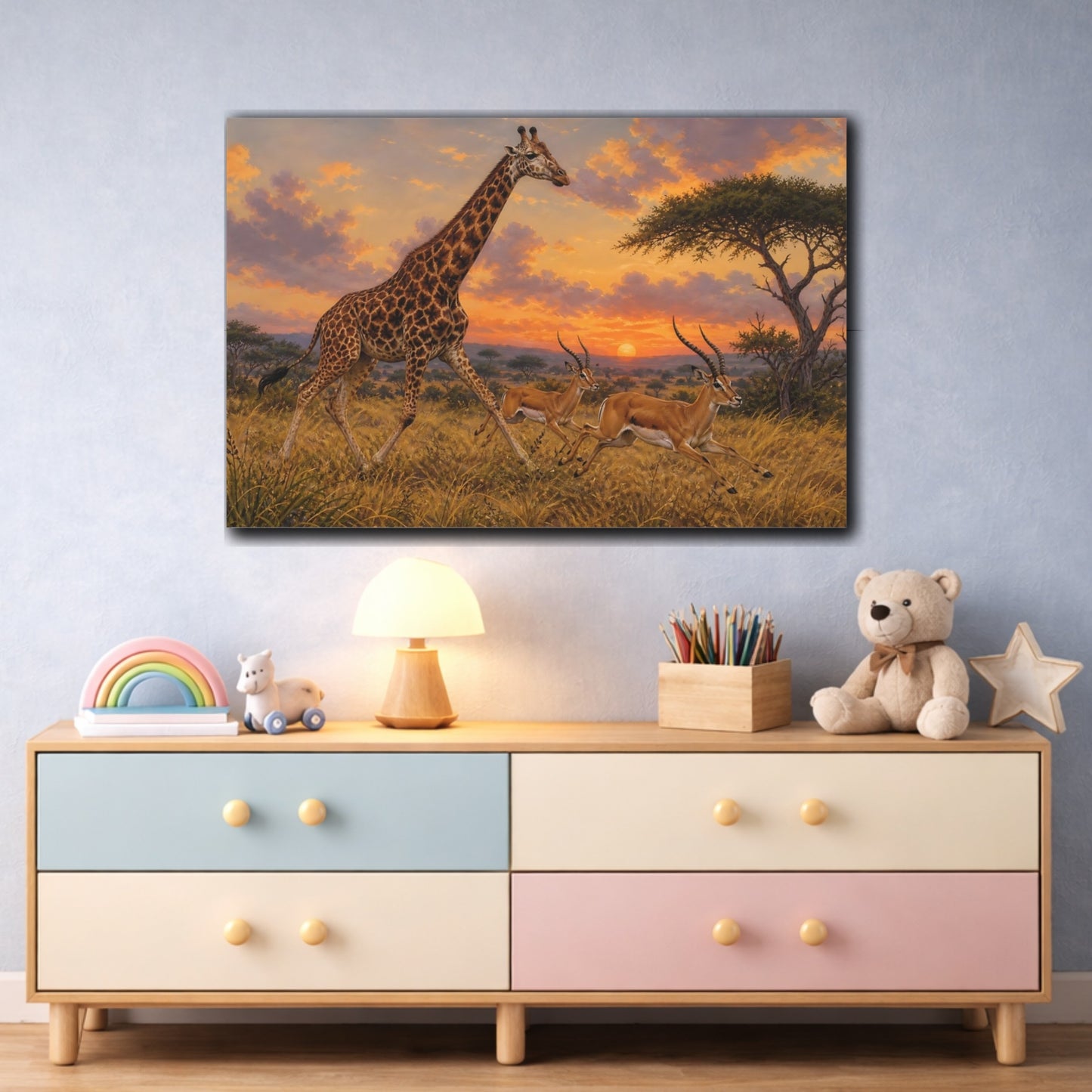 Mockup 3. Vintage Animal Illustration Giraffe And Antelope In Evening Grass shown as stretched canvas wall art