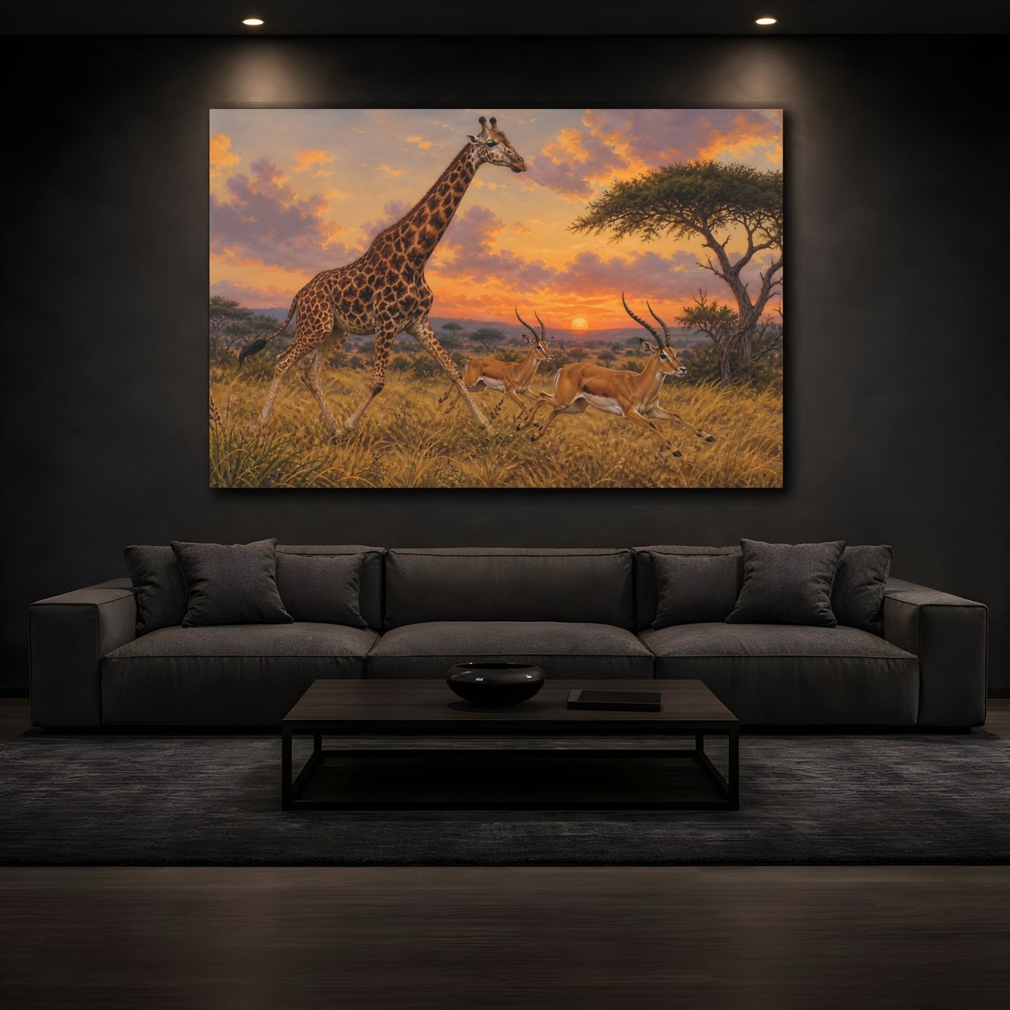 Mockup 4. Vintage Animal Illustration Giraffe And Antelope In Evening Grass shown as stretched canvas wall art