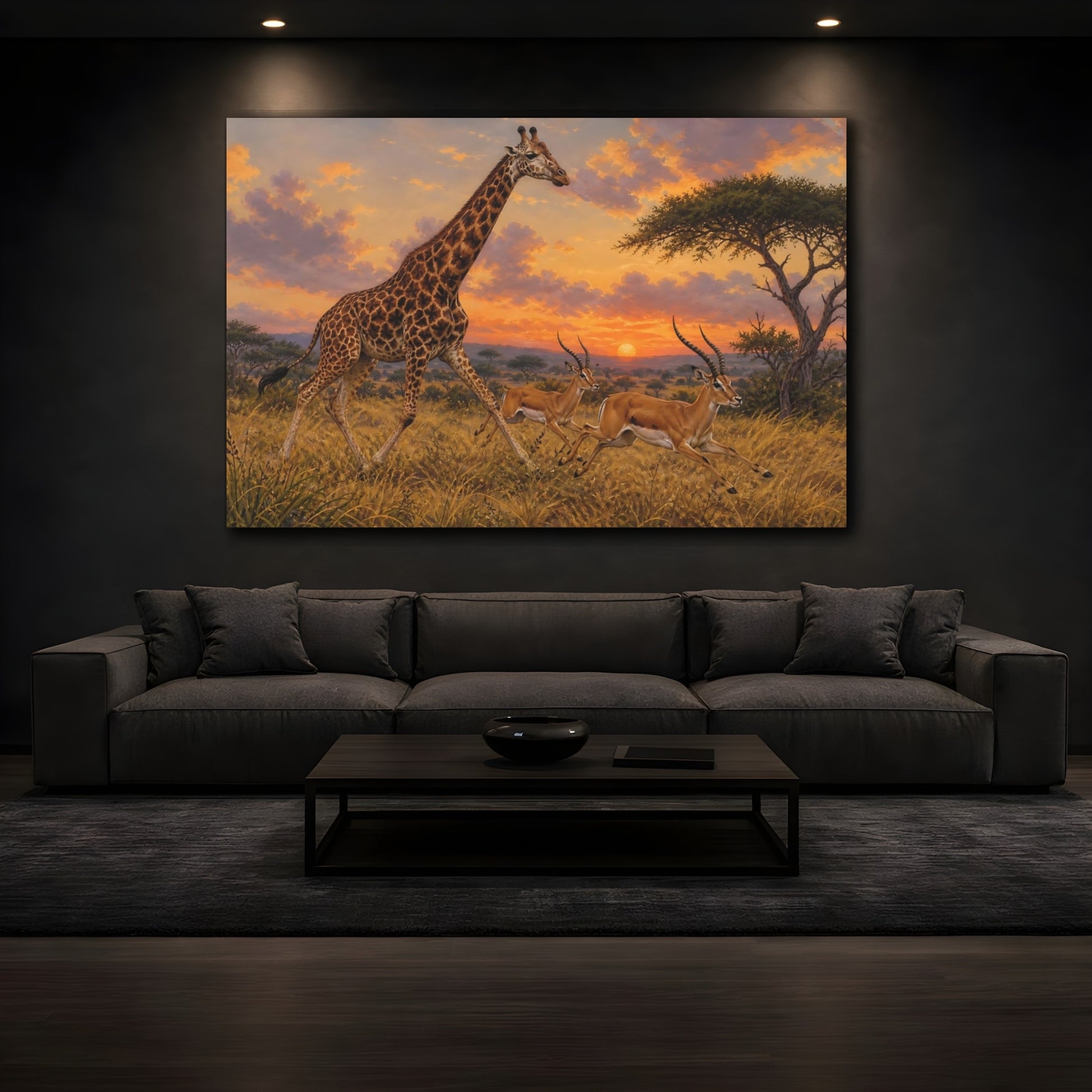 Mockup 4. Vintage Animal Illustration Giraffe And Antelope In Evening Grass shown as stretched canvas wall art