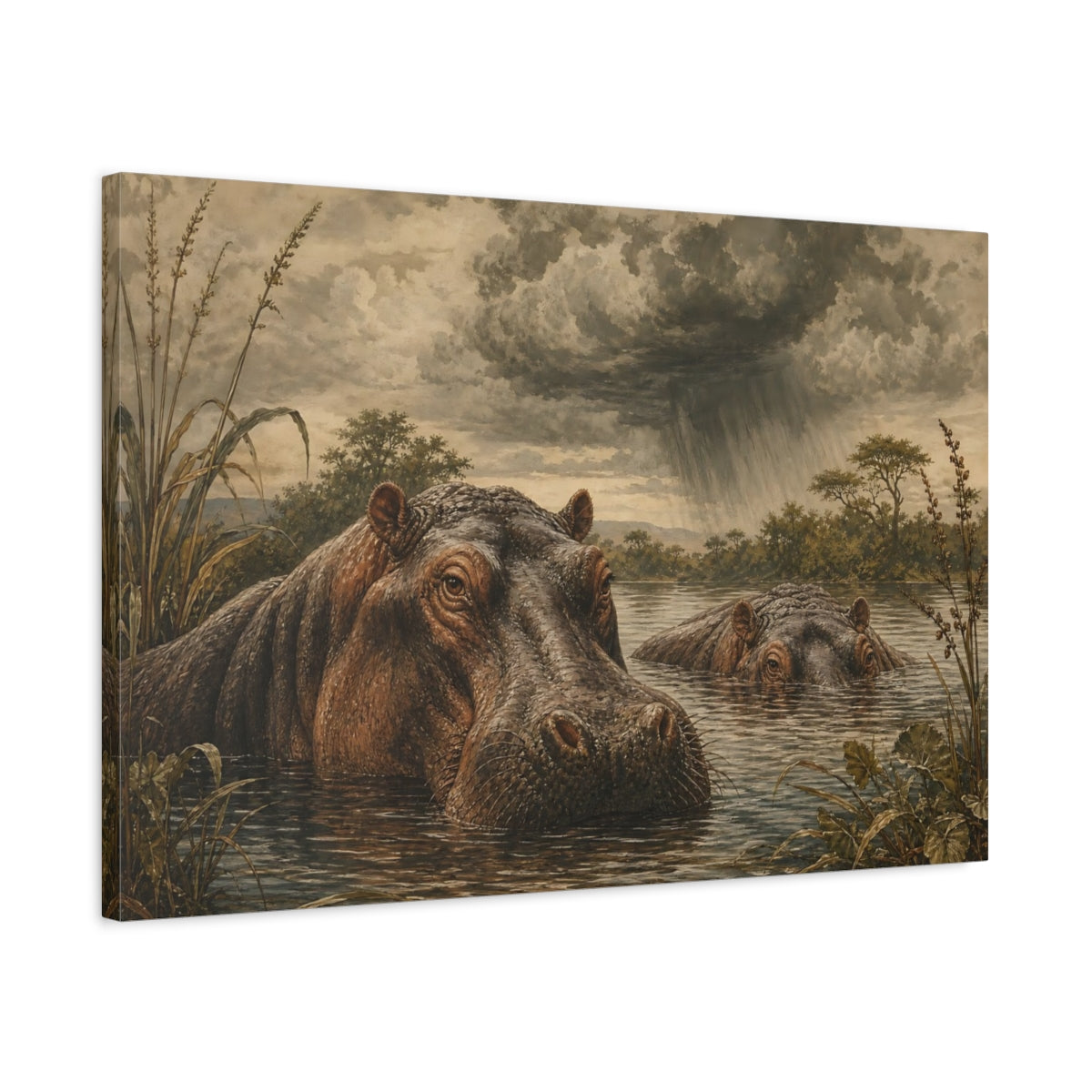Side Mockup 2. Vintage Animal Illustration Hippos Beneath Storm Clouds In River shown as stretched canvas wall art