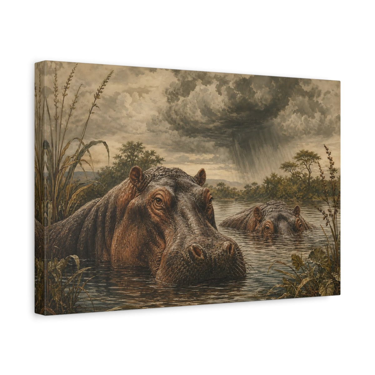 Side Mockup 4. Vintage Animal Illustration Hippos Beneath Storm Clouds In River shown as stretched canvas wall art
