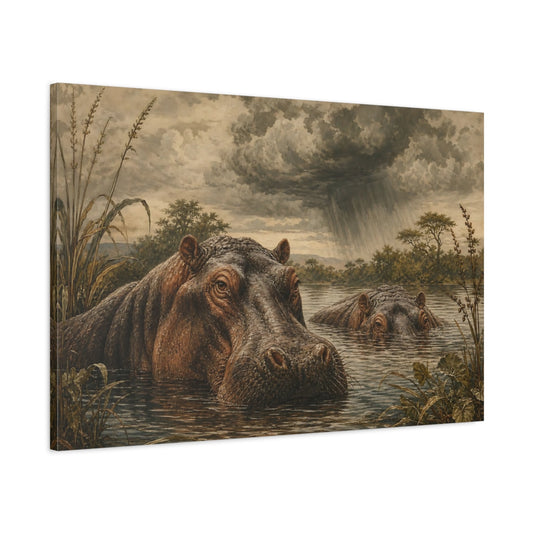 Main Mockup. Vintage Animal Illustration Hippos Beneath Storm Clouds In River shown as stretched canvas wall art