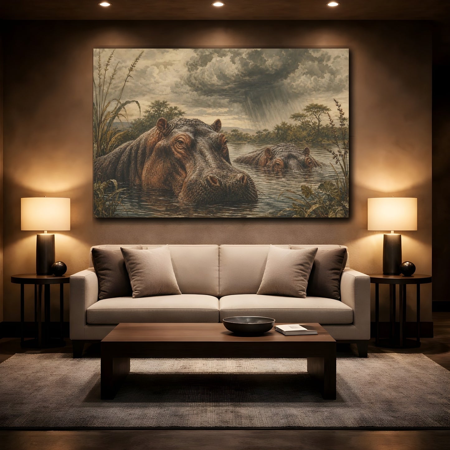 Mockup 2. Vintage Animal Illustration Hippos Beneath Storm Clouds In River shown as stretched canvas wall art