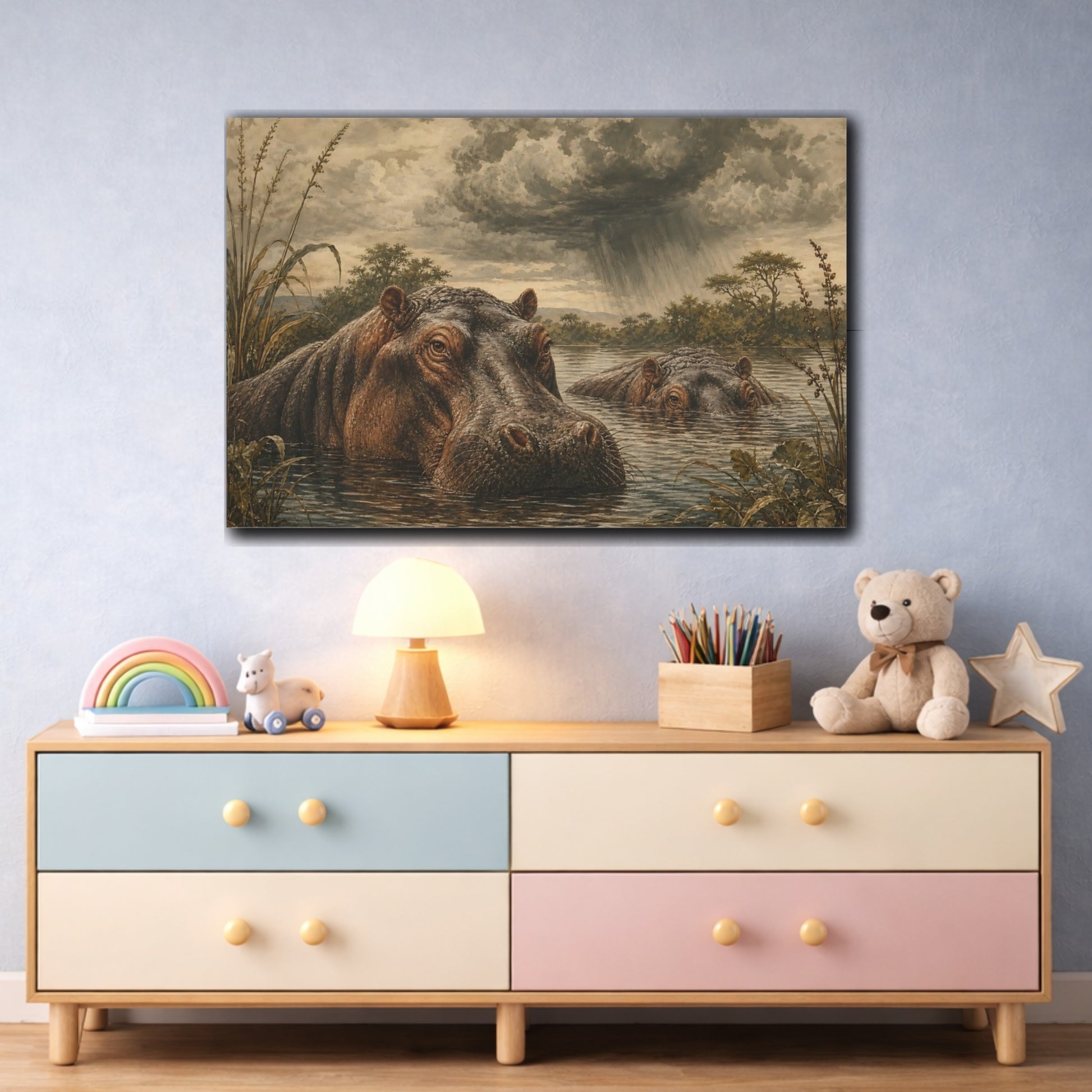 Mockup 3. Vintage Animal Illustration Hippos Beneath Storm Clouds In River shown as stretched canvas wall art