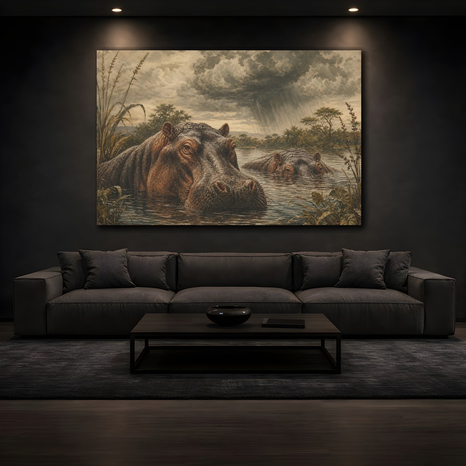 Mockup 4. Vintage Animal Illustration Hippos Beneath Storm Clouds In River shown as stretched canvas wall art