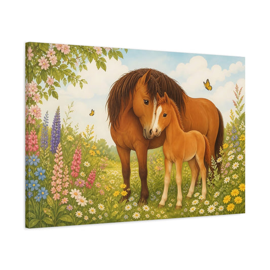 Main Mockup. Vintage Animal Illustration Mare And Foal Near Wildflowers shown as stretched canvas wall art