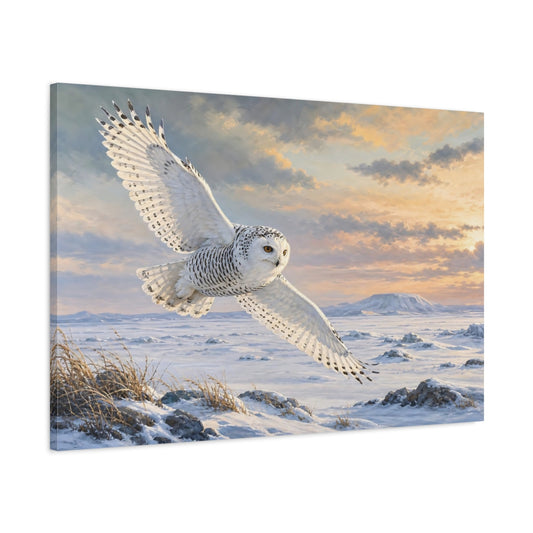 Main Mockup. Vintage Animal Illustration Snowy Owl Above Icy Field shown as stretched canvas wall art