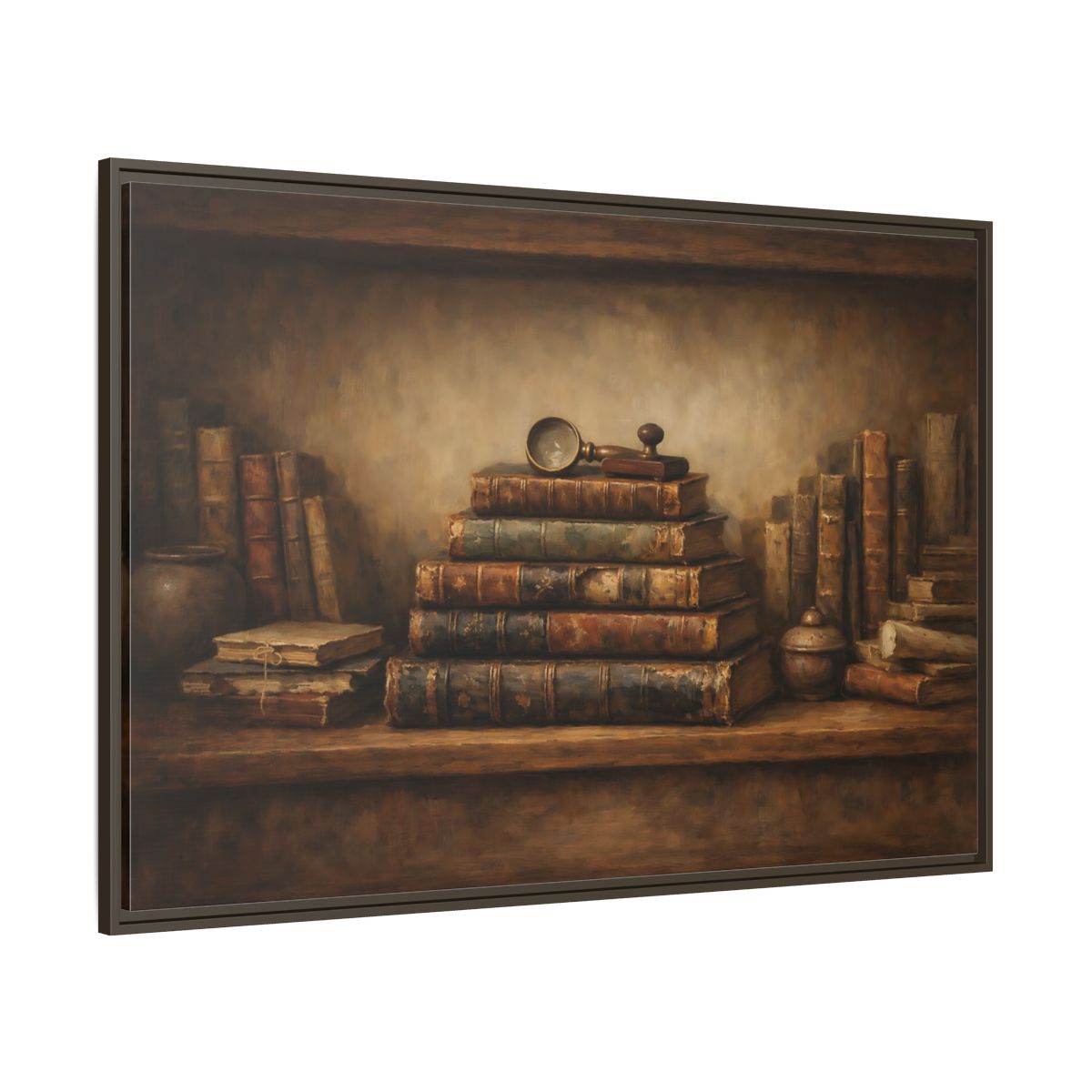Main Mockup. Vintage Antique Books Brown Bookshelf shown as stretched canvas wall art