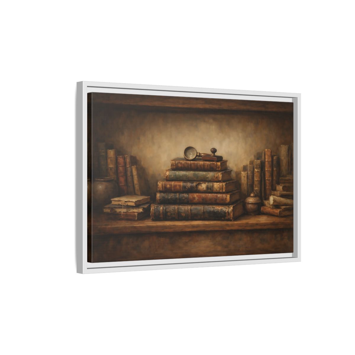 Side Mockup 1. Vintage Antique Books Brown Bookshelf shown as stretched canvas wall art