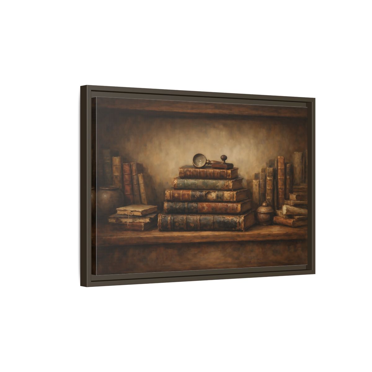 Side Mockup 2. Vintage Antique Books Brown Bookshelf shown as stretched canvas wall art